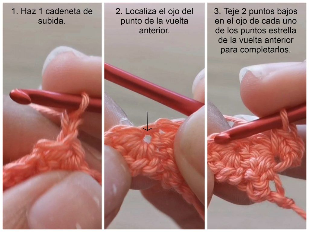 Patrón marcapáginas estrella a crochet. Paso a paso de las vueltas pares