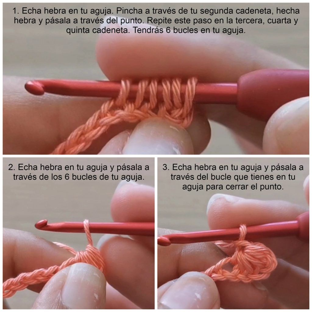 Patrón marcapáginas estrella a crochet. Paso a paso del primer punto estrella de la vuelta 1