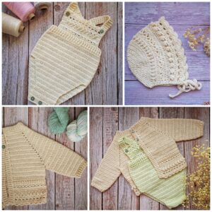 Fotografías de las prendas que componen el pack de la colección Lúnula de patrones de crochet para bebé